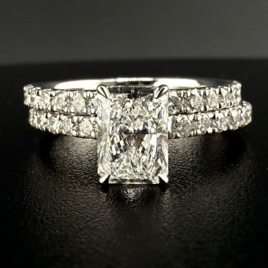 14K White Gold 1.88 CTW Radiant Diamond Bridal Set – 1.05 Ct Center E/VS1 Lab Grown, Hidden Halo