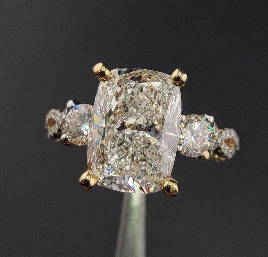 18K YG 2 CTR CNTR/ 3.29CTW TOTAL NATURAL CUSHION MODIFIED BRILLIANT CENTER BRIDAL SET